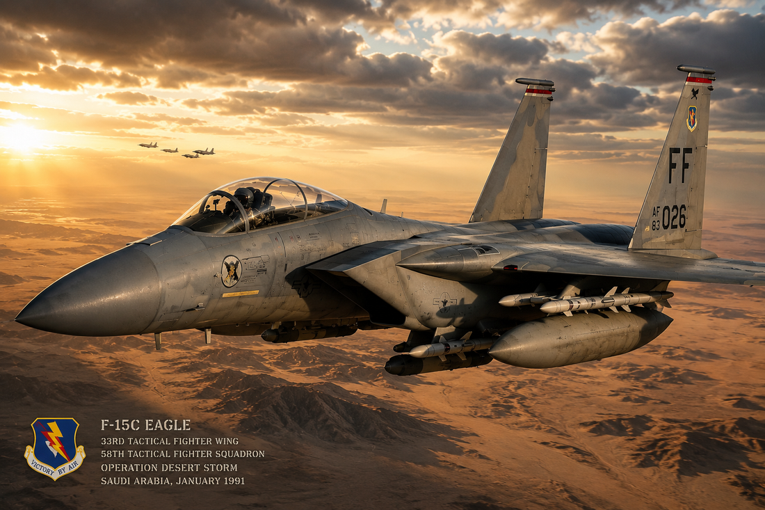 A U.S. Air Force F-15 Eagle flying during golden hour with dramatic clouds, showcasing the legendary air superiority fighter in flight.