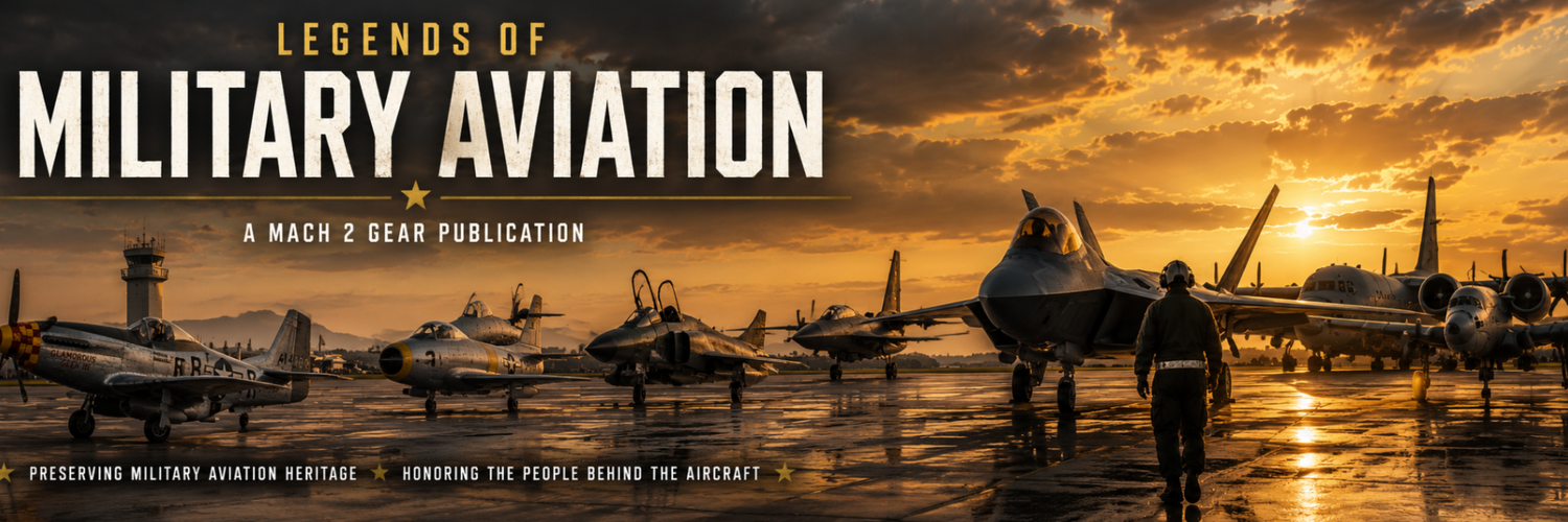 Promotional cover art for 'Legends of Military Aviation: A Mach 2 Gear Publication' featuring military aircraft on a runway at sunset with silhouetted figures walking in the foreground.
