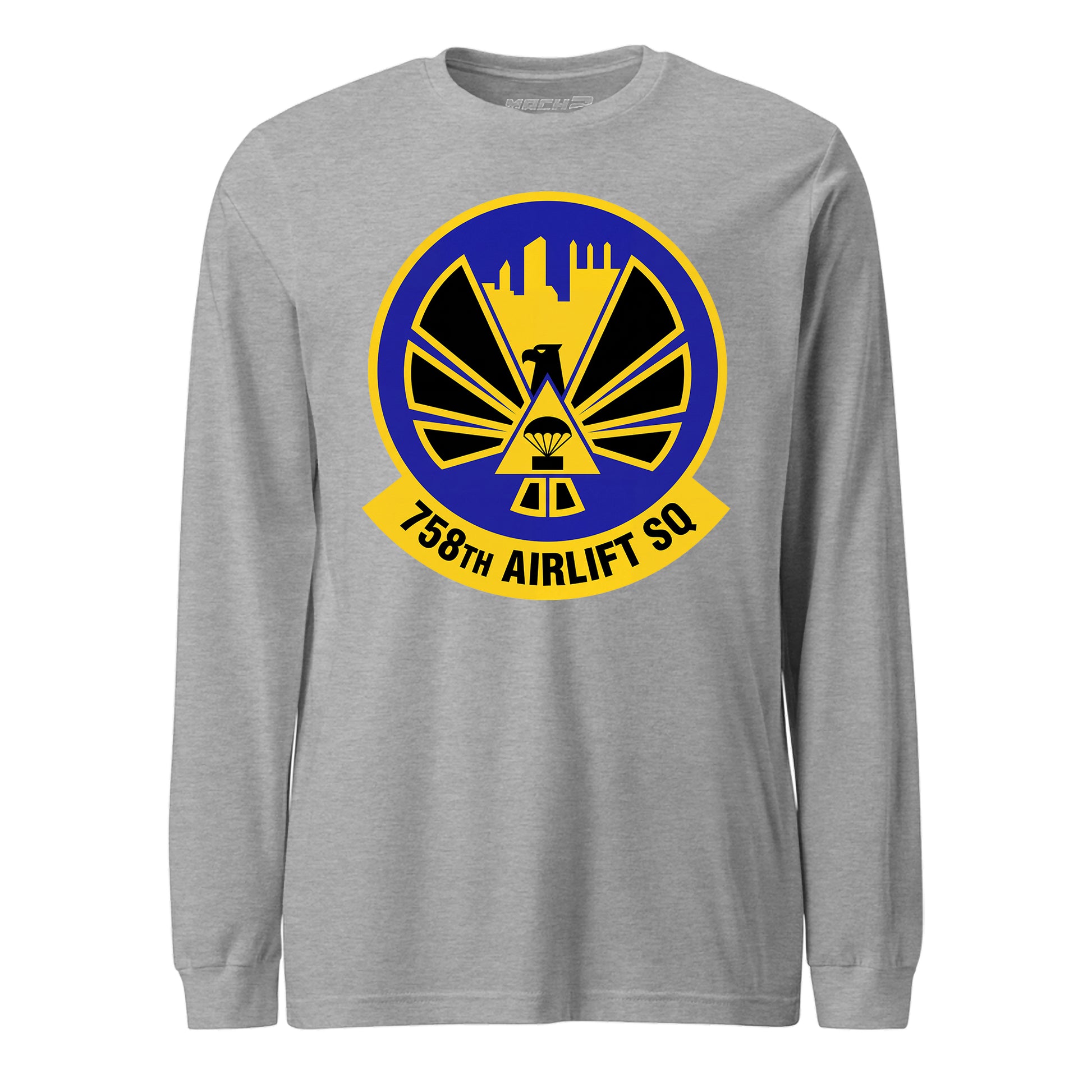Mach2 Squadron Upload | 758TH AIRLIFT SQUADRON | Long Sleeve | Heather Grey | MACH-LONG-SLEEVE-FRONT-GREY.jpg