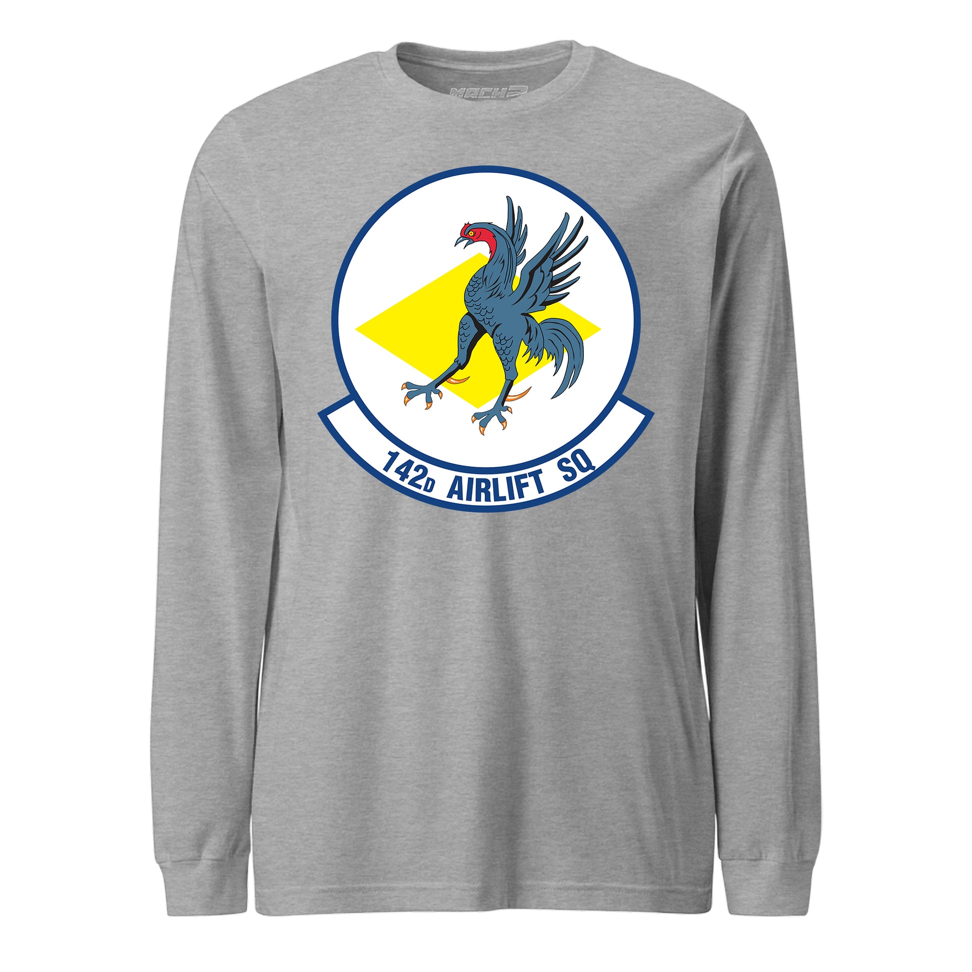 Mach2 Squadron Upload | 142ND AIRLIFT SQUADRON | Long Sleeve | Heather Grey | MACH-LONG-SLEEVE-FRONT-GREY.jpg
